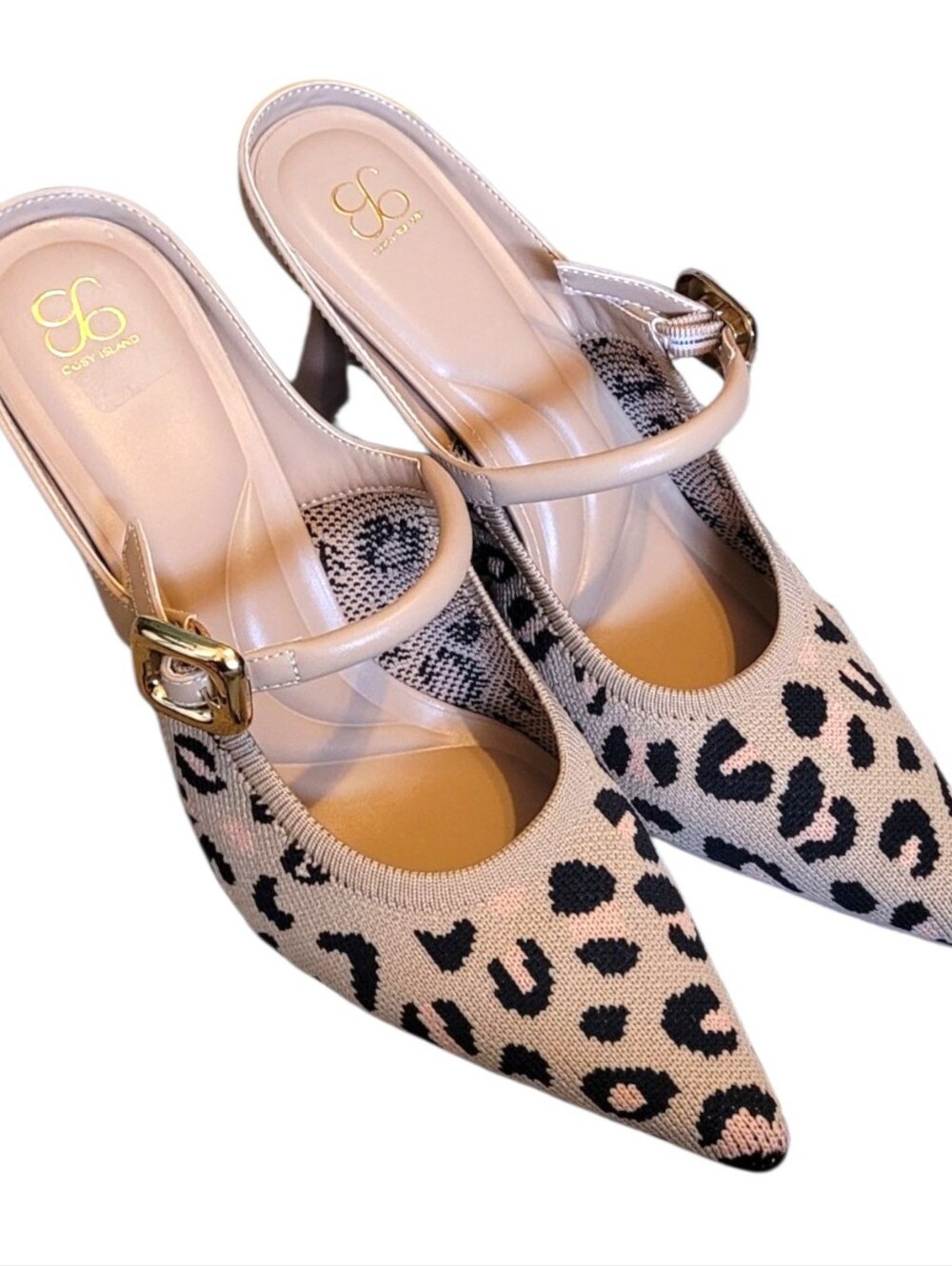 Cosy Island Nude Leopard-Print Pointed Mary Jane Heels Size 9